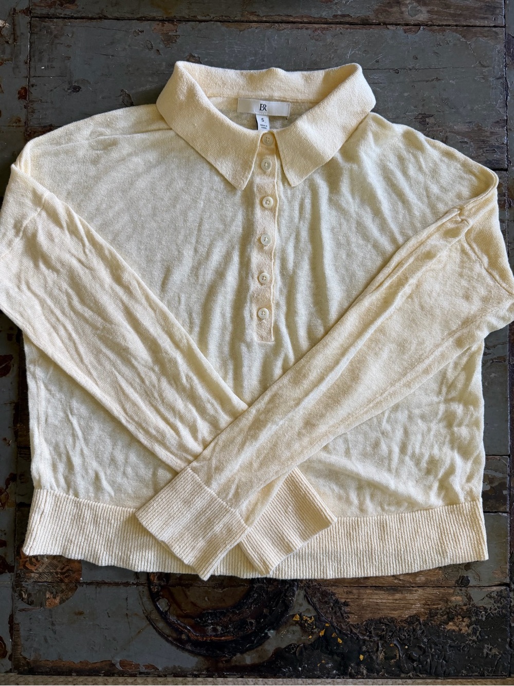 Banana Republic Fern Linen Blend Long-Sleeve Polo Sweater in Vanilla Custard